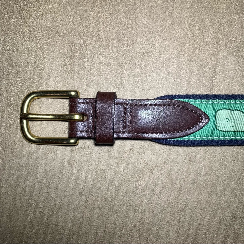 Vineyard Vines Green Wale Monogram Cloth and Leather Belt Size 30 Inch